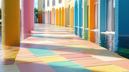 Walking Along Colorful Pastel Building Arcade Reflecting in Water