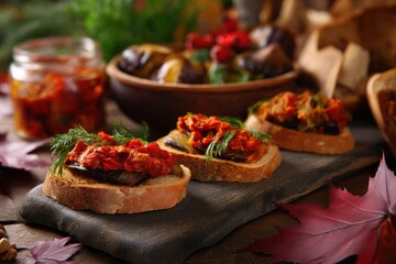 Zacusca a Romanian dish featuring bread topped with a vegetable spread made from roasted eggplant onions tomato paste and red peppers a vegetarian autumn meal