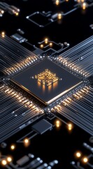 Illuminated Computer Chip Close-up with Intricate Circuitry and Dark Background