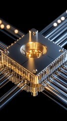 Advanced Technology Concept Quantum Processor Unit with Golden Glow