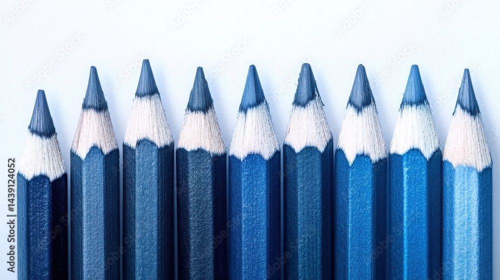 Poster gradient of blue colored pencils: minimalist row of sharpened art supplies for drawing and coloring 