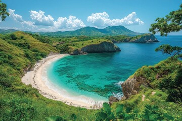 Tropical beach with turquoise water, white sand, and green hills under blue sky. Ideal for travel blogs, vacation promotions, and nature-themed designs.