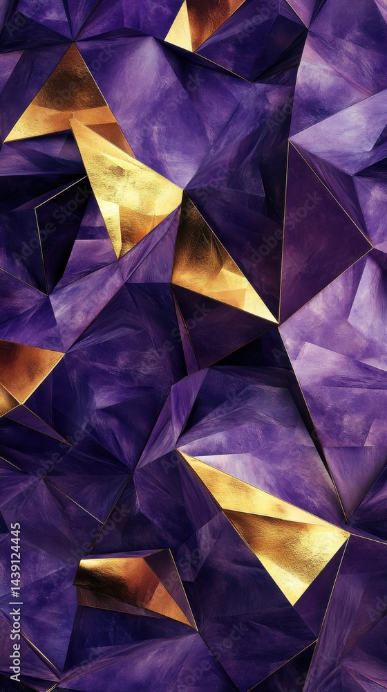 Poster Low-poly geometric pattern in shades of deep purple and gold, with sharp edges and textured surfaces, creating a luxurious and mod