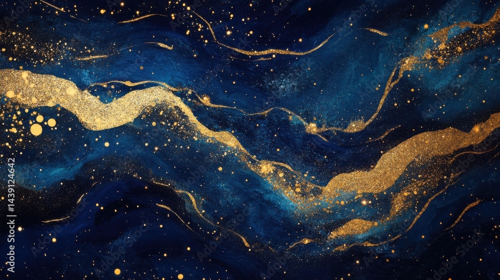 Fototapete glimmering streams: golden glitter cascading on a deep indigo backdrop, creating a luxurious and eth