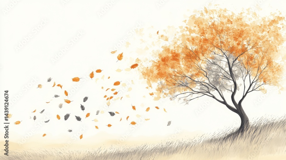 Aufkleber elegant silhouette of a tree with falling leaves in autumn on a bright background - a captivating de