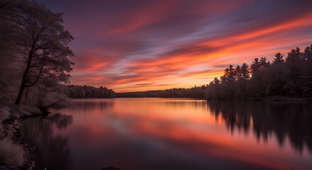 Tranquil Lake Reflection At Sunrise With Fiery Skies In Nature Scenery