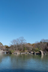 早春の晴れ渡った青空　公園の池　滋賀県大津市びわこ文化公園