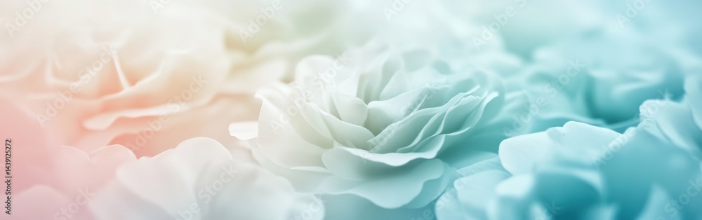 Leinwandbilder Elegant gradient background transitioning from mellow peach to aqua featuring floral petals in a macro, soft focus, ethereal composition