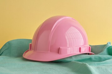 Fototapeta premium A vibrant pink safety helmet rests on a teal cloth surface.