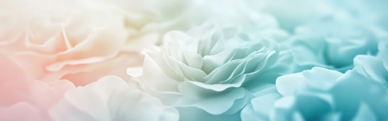 Obraz premium Elegant gradient background transitioning from mellow peach to aqua featuring floral petals in a macro, soft focus, ethereal composition