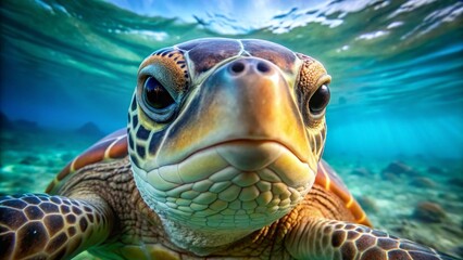 Close-up underwater portrait of a sea turtle, showcasing its intricate shell patterns and expressive eyes, a captivating glimpse into marine wildlife