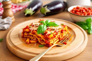 Eggplant Parmesan on Wooden Board: Italian Cuisine, Vegetarian Dish, Tomato Sauce, Basil, Cheese, Delicious, Homemade, Rustic Style Food Photo