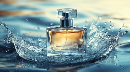 Elegant Perfume Bottle with Golden Liquid and Splashing Water Background