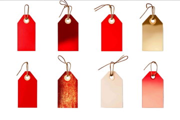 Festive colorful gift tags on display isolated on white background photo front view variation high detail texture ultra detail midshot