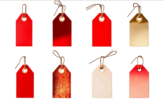 Festive colorful gift tags on display isolated on white background photo front view variation high detail texture ultra detail midshot - Powered by Adobe