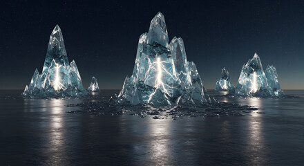 Obraz premium Otherworldly Crystal Islands Bathed In Starlight Against A Dark Evening Sky
