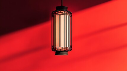 Hanging Lantern on Red Wall Casting Shadow Adding Depth and Ambiance