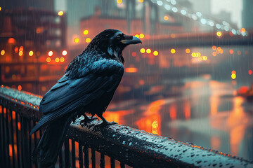 Black Raven on a Metal Railing
