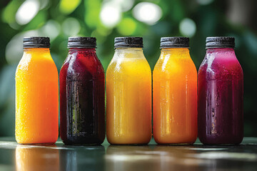 Row of colorful fruit and vegetable juices in glass bottles