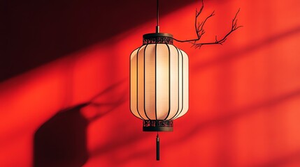 Illuminated Traditional Lantern Against Red Wall with Branch Decor