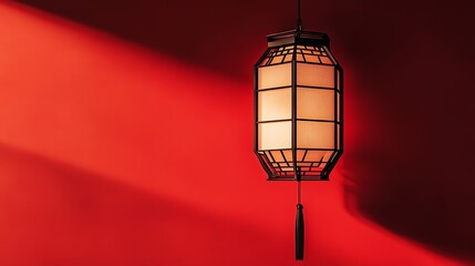 Illuminated Chinese Lantern Hanging Against Red Wall with Shadow Pattern
