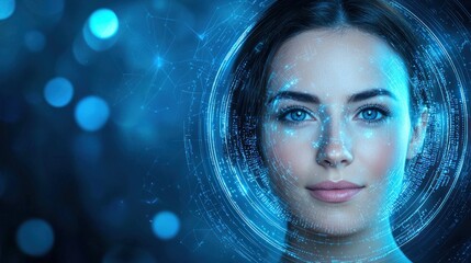 Abstract face recognition concept with blue glowing patterns.