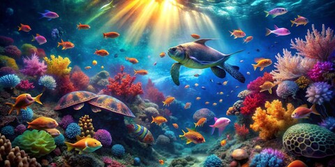 Vibrant Underwater Scene Featuring a Turtle and Diverse Marine Life Swimming Amongst Colorful Coral Reefs and Various Fish Species