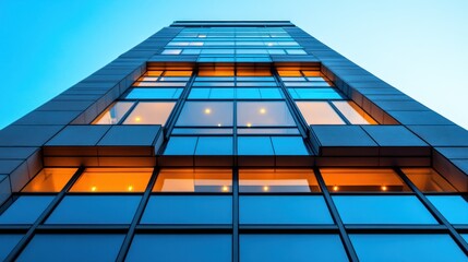 Modern skyscraper facade at twilight