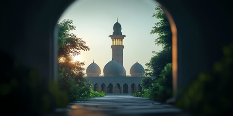 Majestic Mosque View Through Archway with Lush Greenery at Sunset
