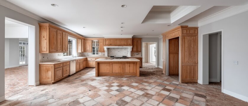 Drab, outdated kitchen with worn cabinets and flooring before renovation - dated unpleasant worn-out chipped musty
