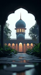 Majestic Mosque Tower and Courtyard with Arches Seen Through Stone Window