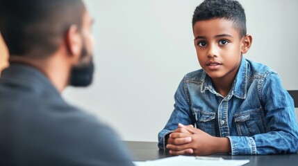A young defense attorney discusses important legal rights with a minor, ensuring understanding in a calm and supportive environment with a neutral wall