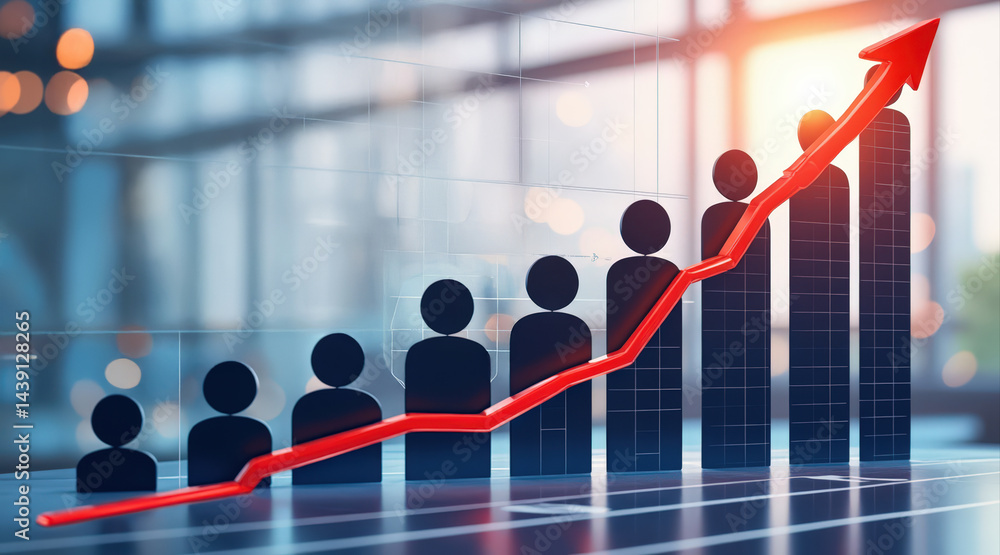 Poster a digital illustration showing a rising graph with a red arrow and stylized figures, symbolizing gro