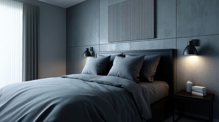 Moody dark grey bedroom with black metal accents, textured wall art, and soft lighting creating a calming atmosphere - apartment decor grey ambiance