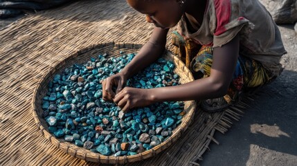 A young girl sorts through cobalt stones on a mat close to a mining pit in Congo, using minimal resources while wearing worn clothing under natural light