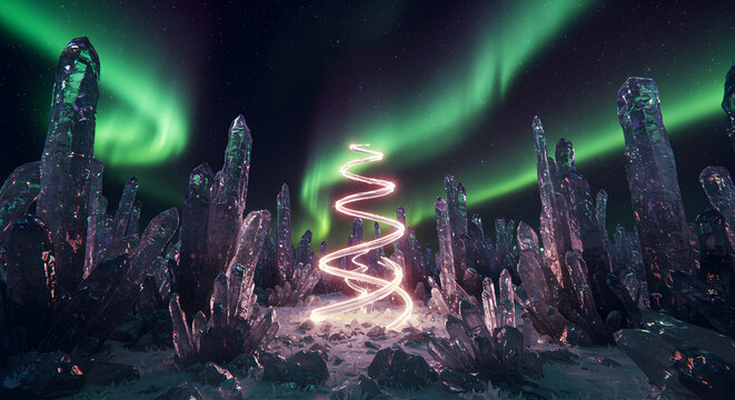 Aurora Borealis And Crystalline Landscape With Glowing Spiral Light