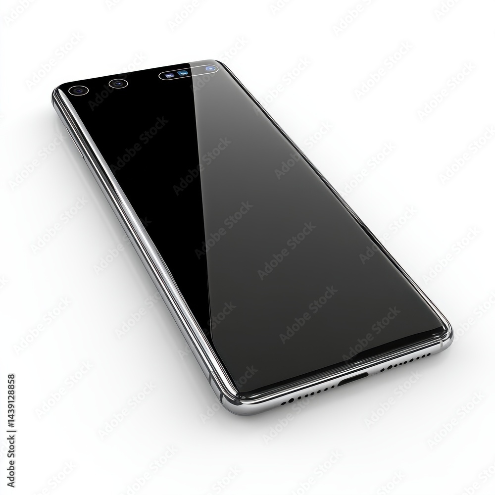 Poster sleek smartphone with glossy screen and multiple cameras, studio shot on white background for techno