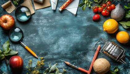 Overhead shot of blue table with fruits, plants, and art supplies arranged around. This image is perfect for educational content, artistic projects, or food blogging.