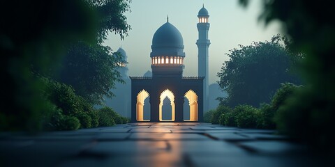 Scenic Mosque View at Dusk with Warm Glowing Light and Gardens