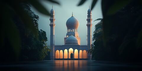 Serene Mosque Architecture at Dusk Surrounded by Lush Greenery and Reflection