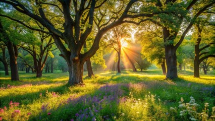 Golden sun rays illuminate a vibrant meadow, dappled with wildflowers and encircled by majestic, ancient trees in a serene woodland scene.