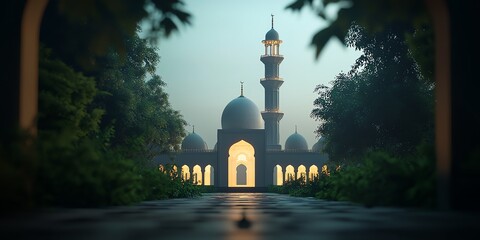 Serene Mosque Exterior with Tower Surrounded by Greenery at Dusk