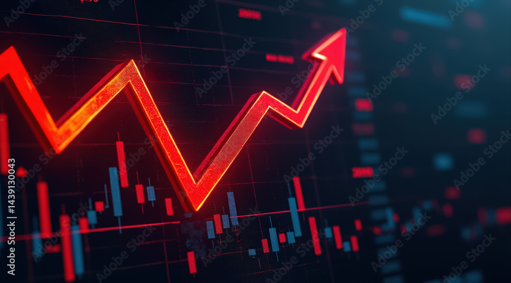 Poster a dynamic financial chart displaying a sharp upward trend with vibrant red arrows indicating growth 