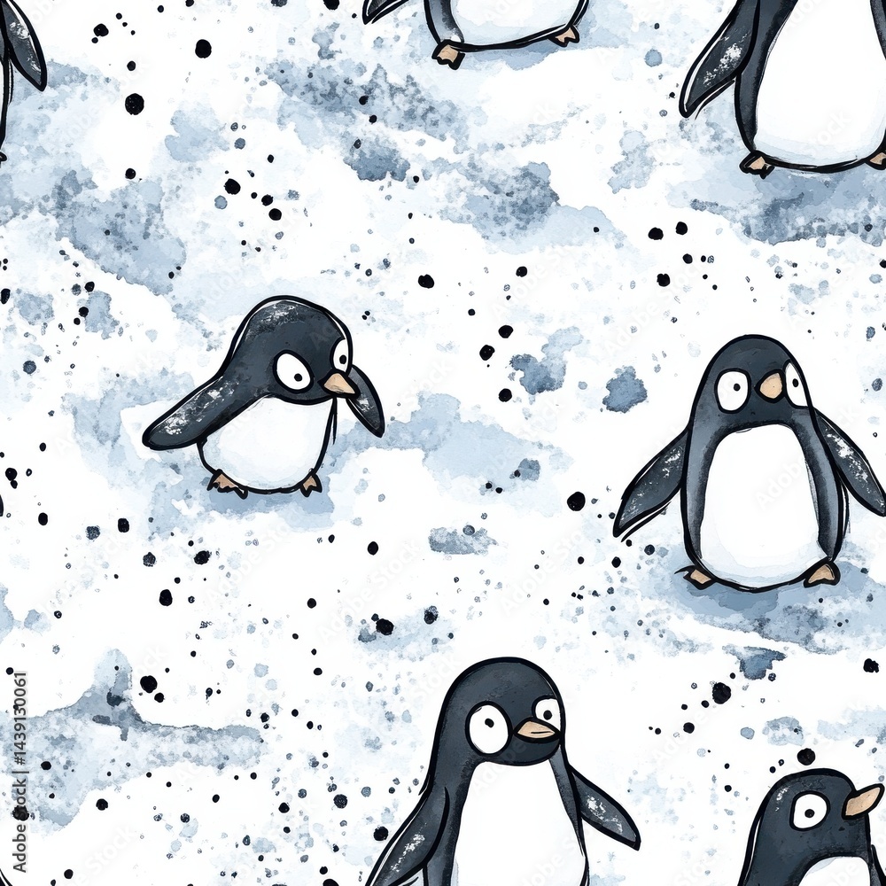 Poster seamless pattern with cartoon penguins on snowy textured background for festive and winter designs