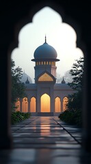 Mosque Architecture with Ornate Dome and Warm Lighting Seen Through Archway