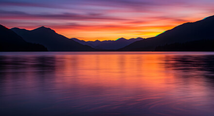 Fototapeta premium Serene Lake At Sunset With Mountains In Background And Colorful Sky