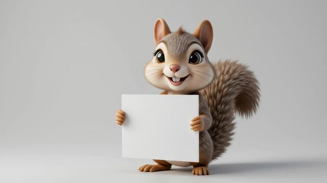cute 3d render Happy Squirrel Holding Blank Board on greenscreen background
