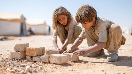 Children are engaged in an imaginative play, creating a toy shelter from bricks in a refugee camp, evoking a sense of home and community