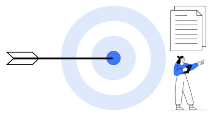 Arrow on bullseye target next to person examining document with clipboard. Ideal for goal setting, business strategy, planning, precision, analysis, decision-making, simple landing page