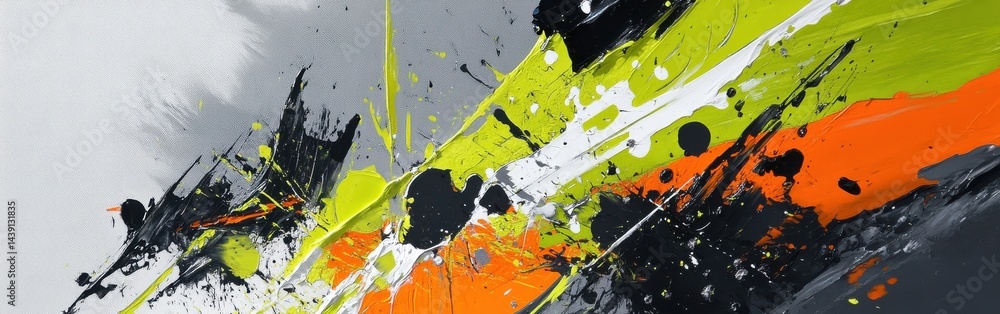 Poster Dynamic Abstract Painting with Bold Splashes of Black, White, Orange, and Yellow on Textured Canvas for Modern Art and Design